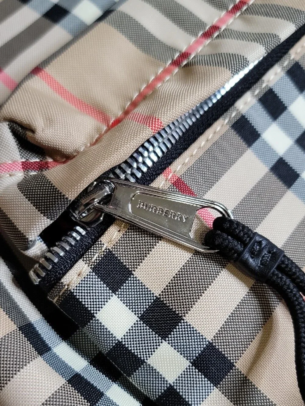 Burberry Beige Plaid Backpack with Black & Red Accents